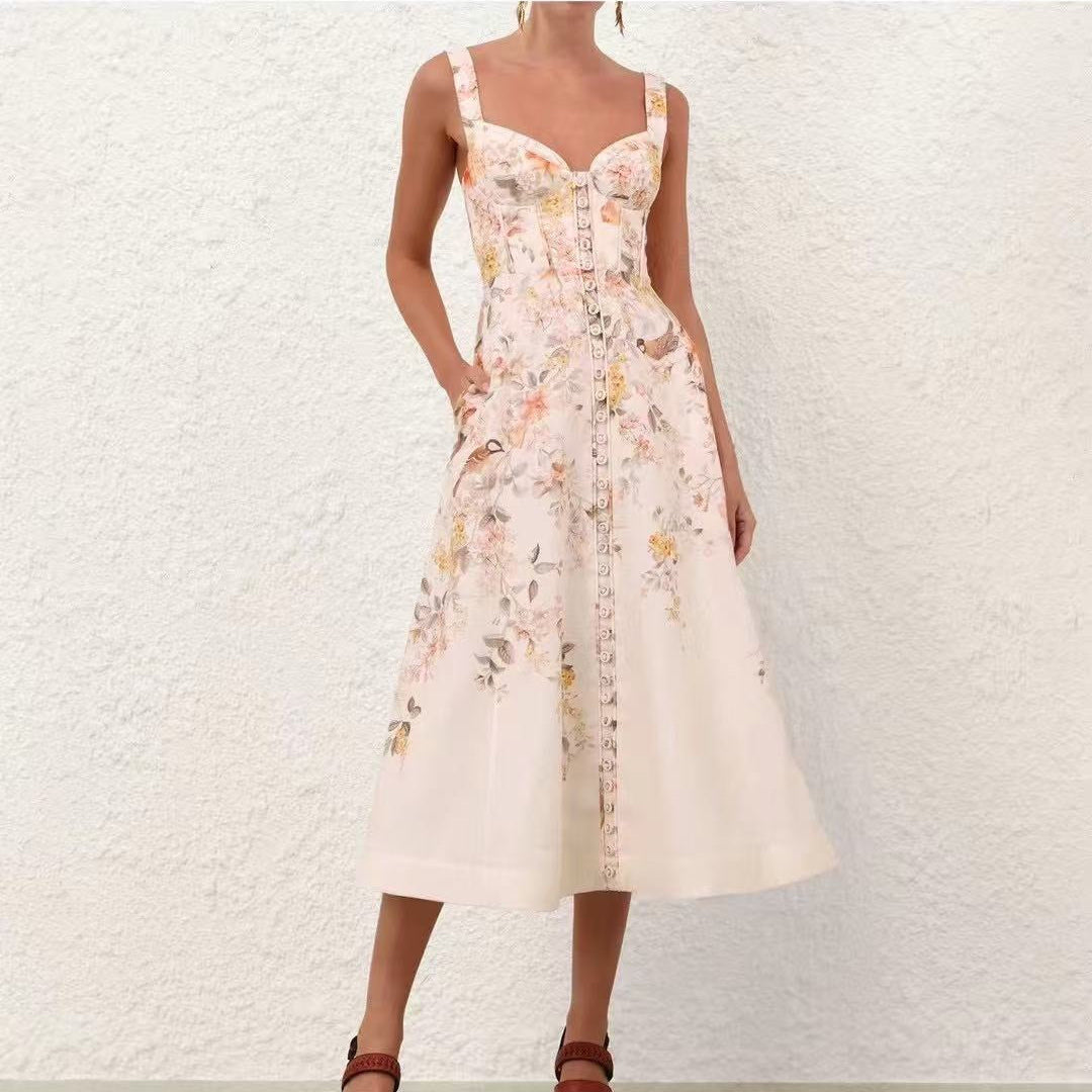 Strapless Waist-Tie Dress with Colorful Floral and Bird Print