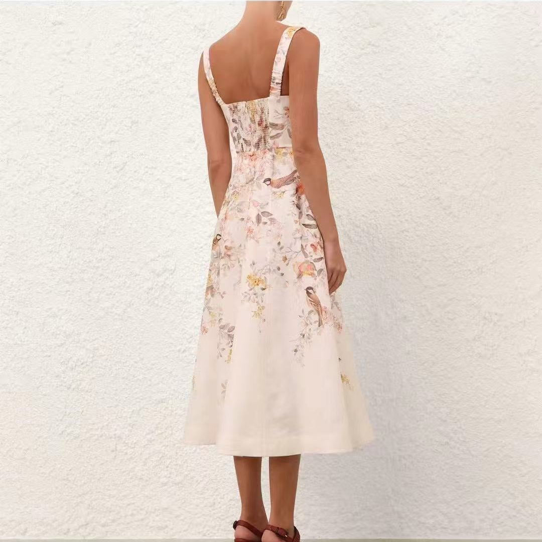 Strapless Waist-Tie Dress with Colorful Floral and Bird Print