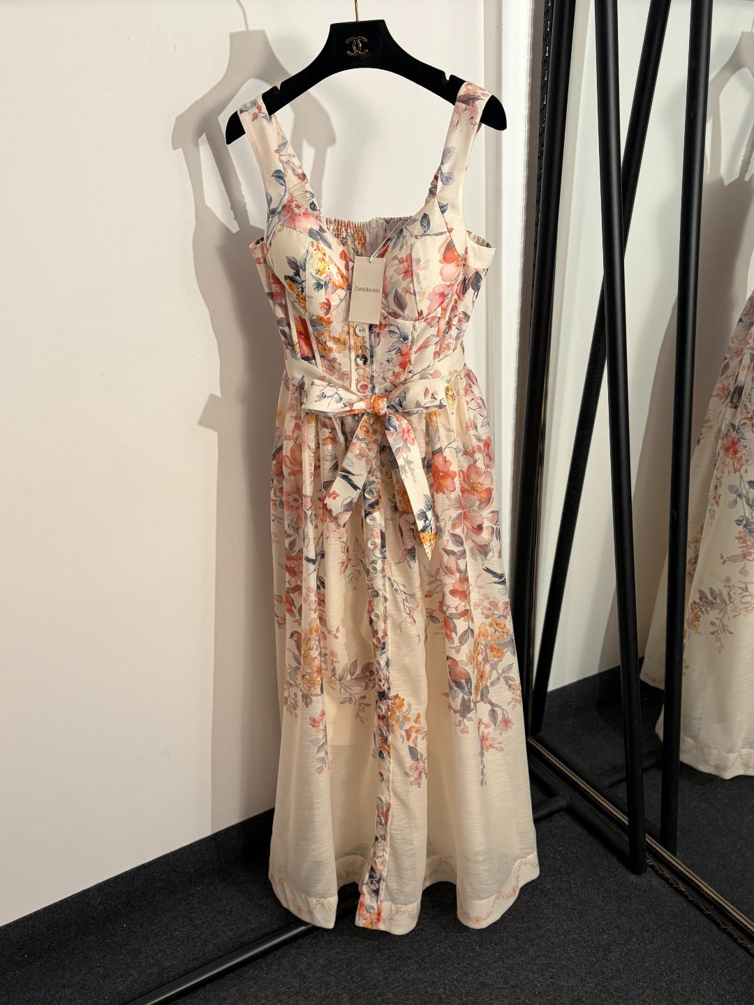 Strapless Waist-Tie Dress with Colorful Floral and Bird Print
