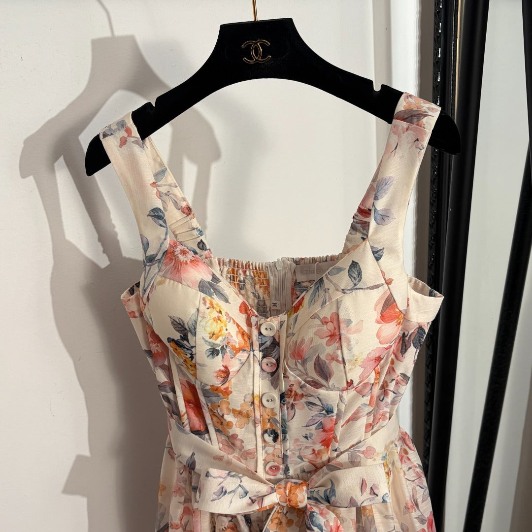Strapless Waist-Tie Dress with Colorful Floral and Bird Print