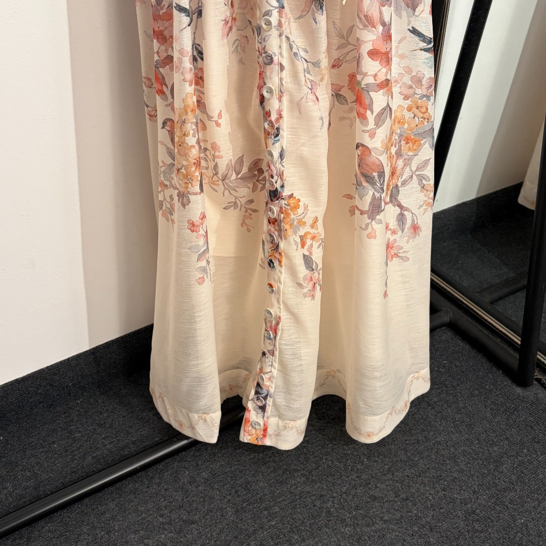 Strapless Waist-Tie Dress with Colorful Floral and Bird Print