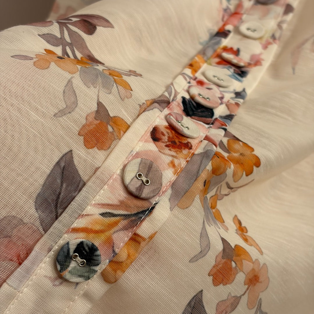 Strapless Waist-Tie Dress with Colorful Floral and Bird Print