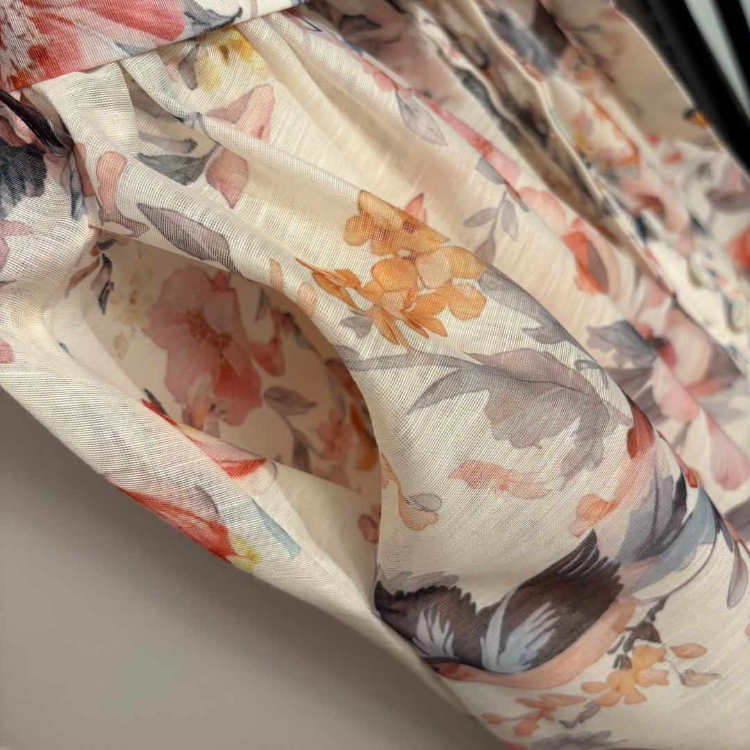 Strapless Waist-Tie Dress with Colorful Floral and Bird Print