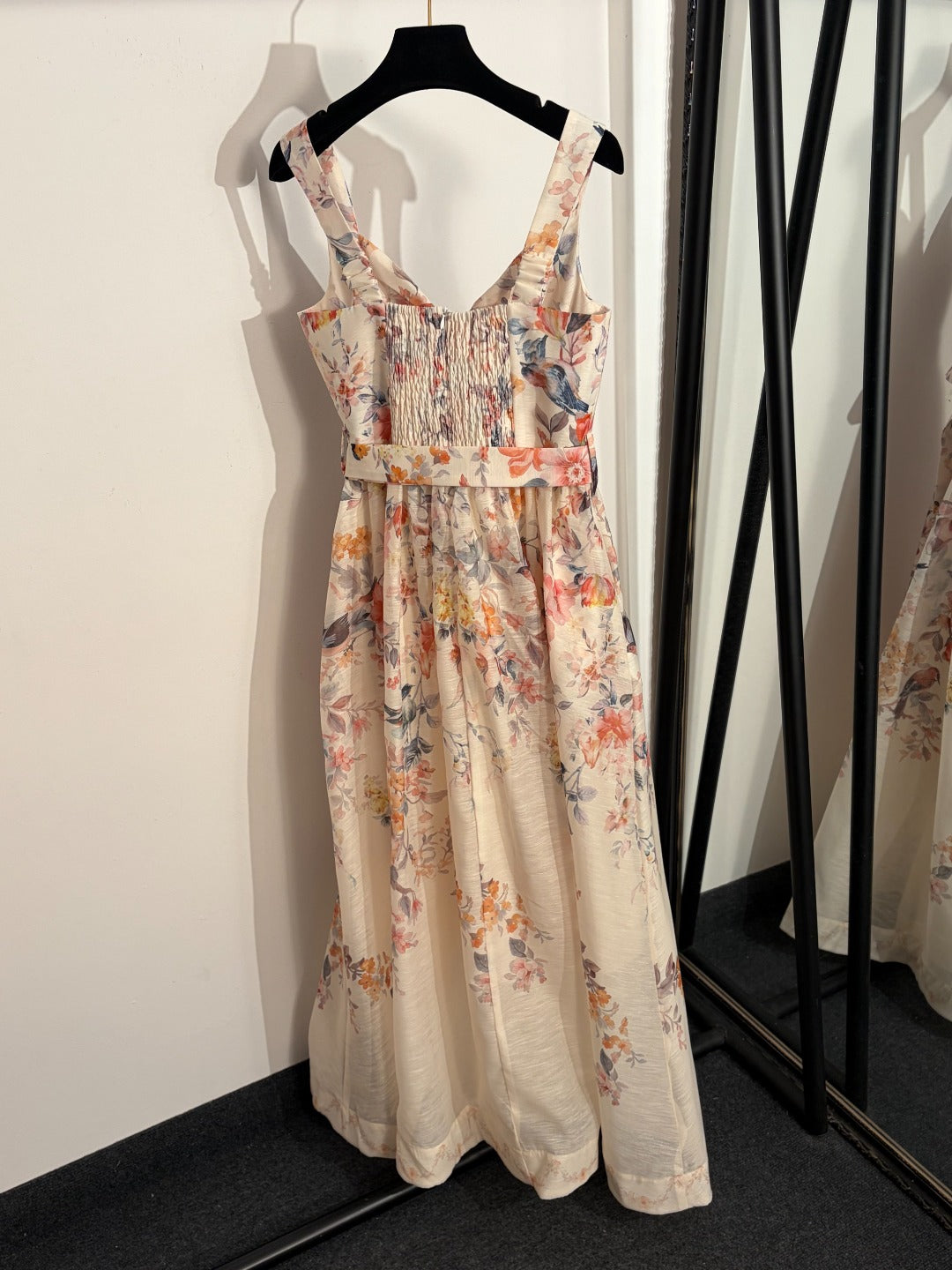 Strapless Waist-Tie Dress with Colorful Floral and Bird Print