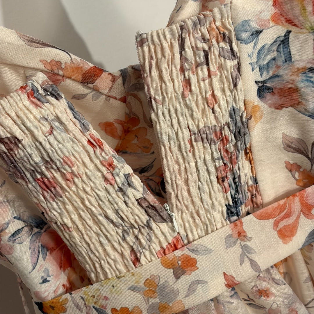 Strapless Waist-Tie Dress with Colorful Floral and Bird Print