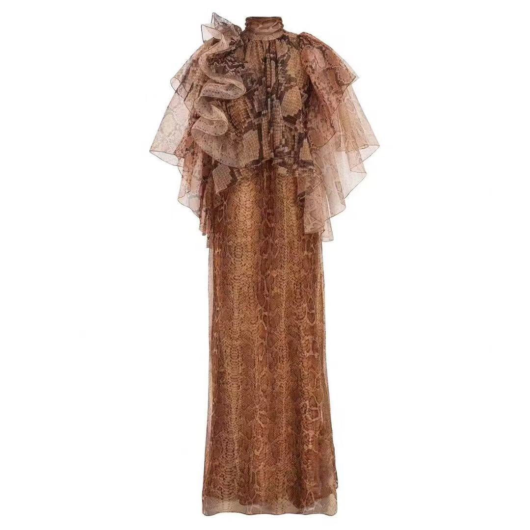 Snakeskin-Print Asymmetrical Ruffle Tank Dress
