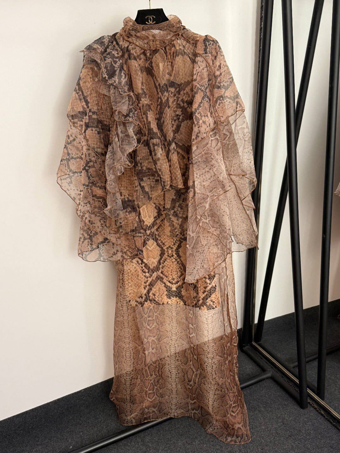 Snakeskin-Print Asymmetrical Ruffle Tank Dress