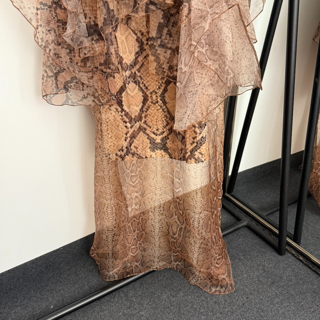 Snakeskin-Print Asymmetrical Ruffle Tank Dress