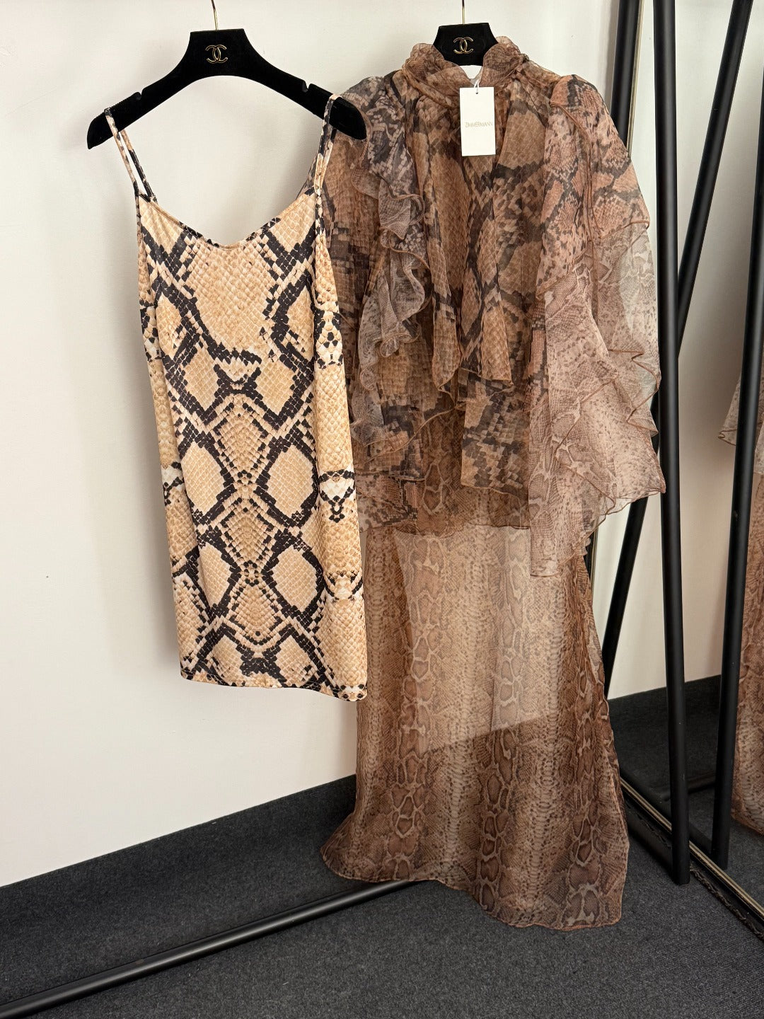 Snakeskin-Print Asymmetrical Ruffle Tank Dress