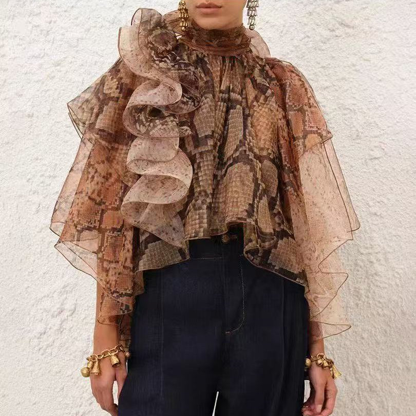 Serpent-Print Ruffled Shirt