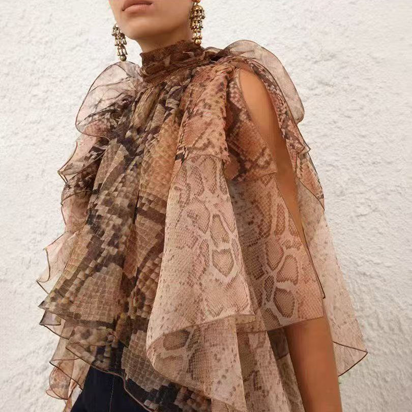 Serpent-Print Ruffled Shirt