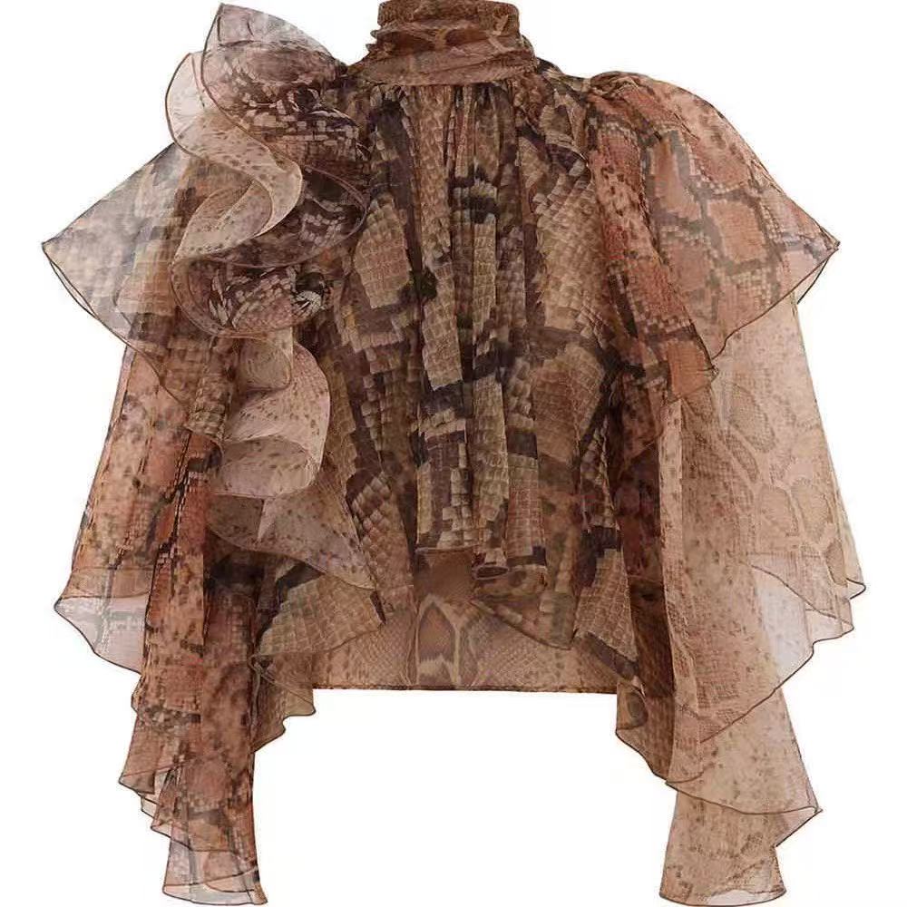 Serpent-Print Ruffled Shirt