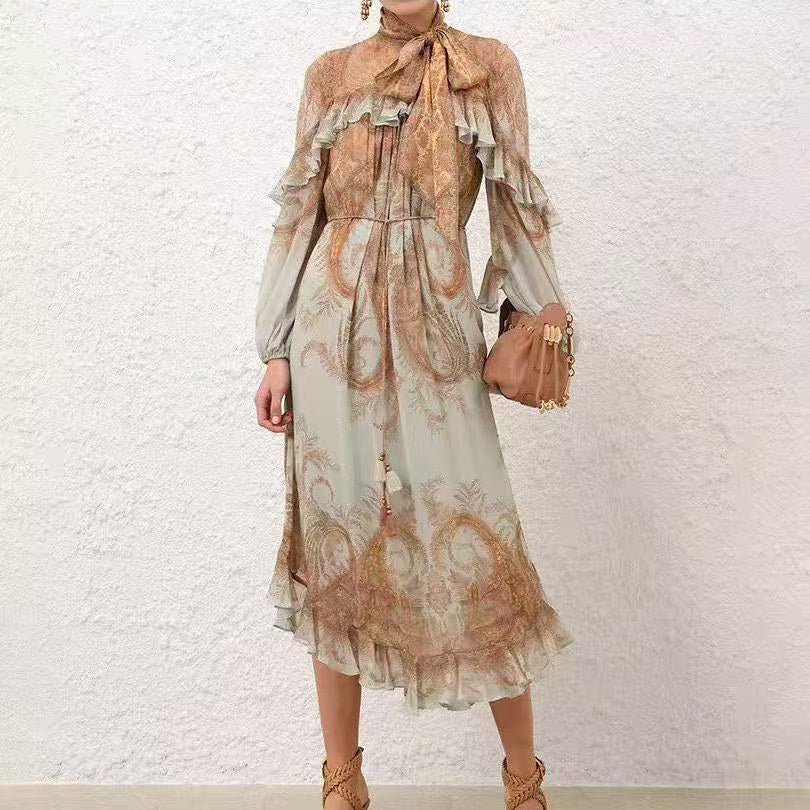 Retro-Print Butterfly-Sleeve Dress with Ruffled Waist