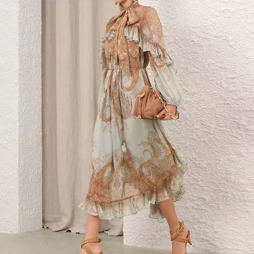 Retro-Print Butterfly-Sleeve Dress with Ruffled Waist