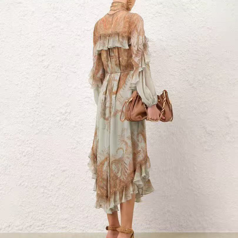 Retro-Print Butterfly-Sleeve Dress with Ruffled Waist