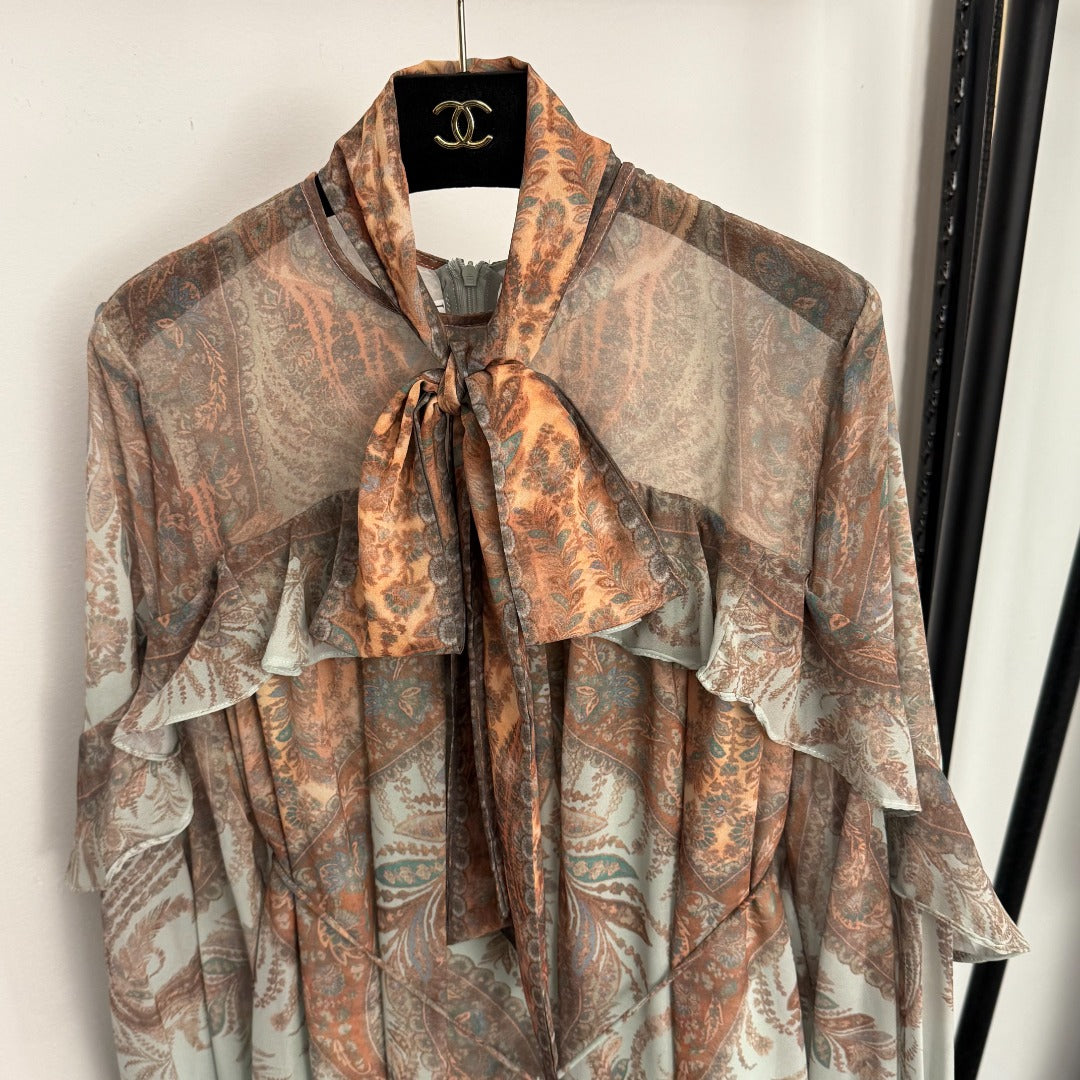 Retro-Print Butterfly-Sleeve Dress with Ruffled Waist