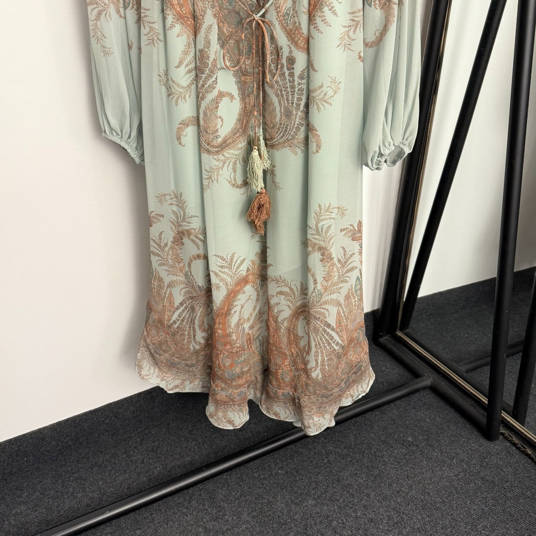 Retro-Print Butterfly-Sleeve Dress with Ruffled Waist