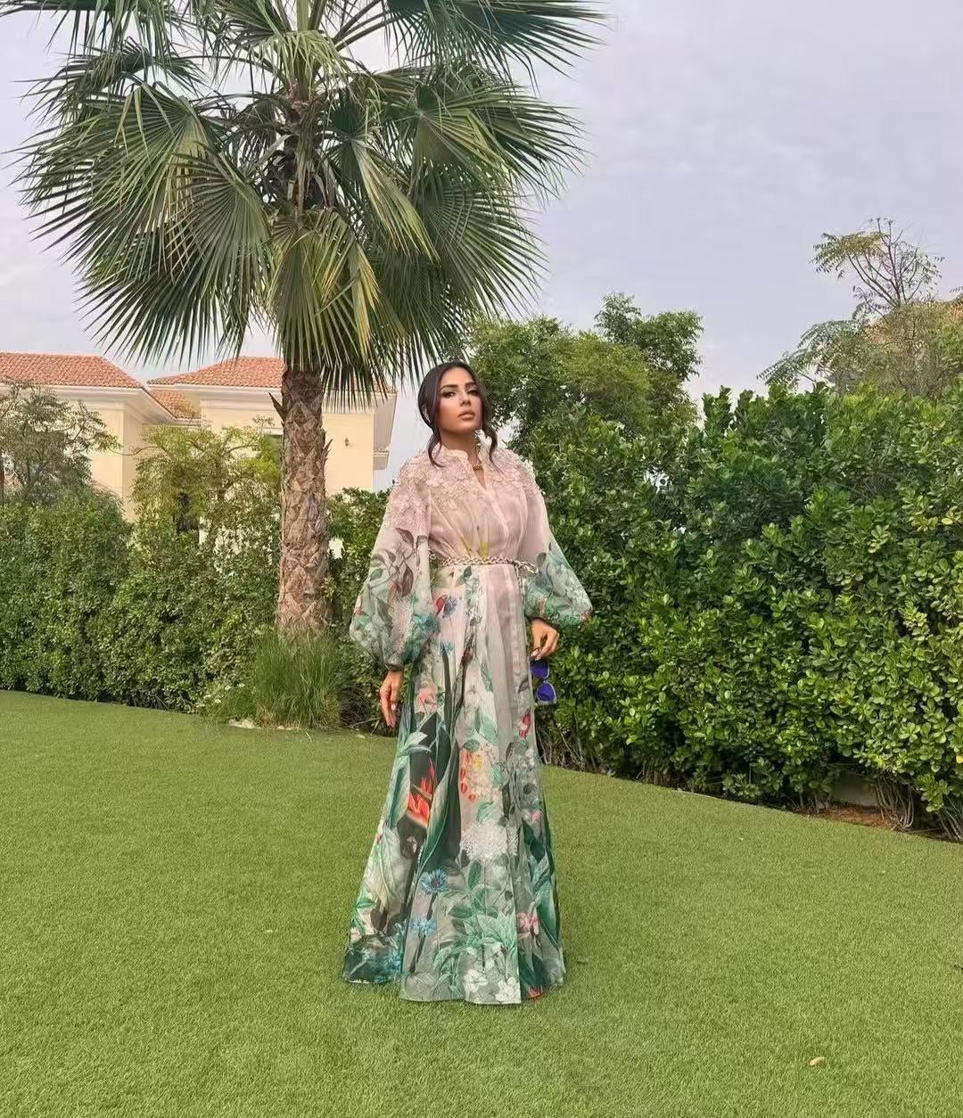 Lace-Embroidered, Color-Blocked Floral Dress — Elegant Printed, Waist-Cinching Dress