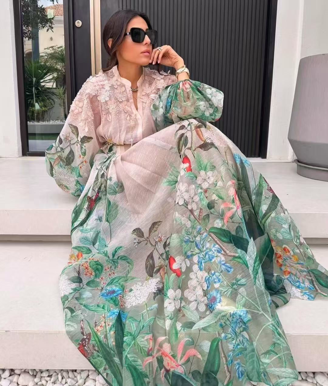 Lace-Embroidered, Color-Blocked Floral Dress — Elegant Printed, Waist-Cinching Dress