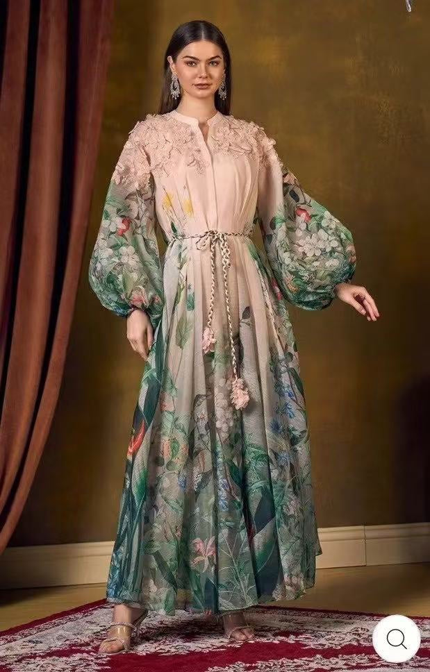 Lace-Embroidered, Color-Blocked Floral Dress — Elegant Printed, Waist-Cinching Dress