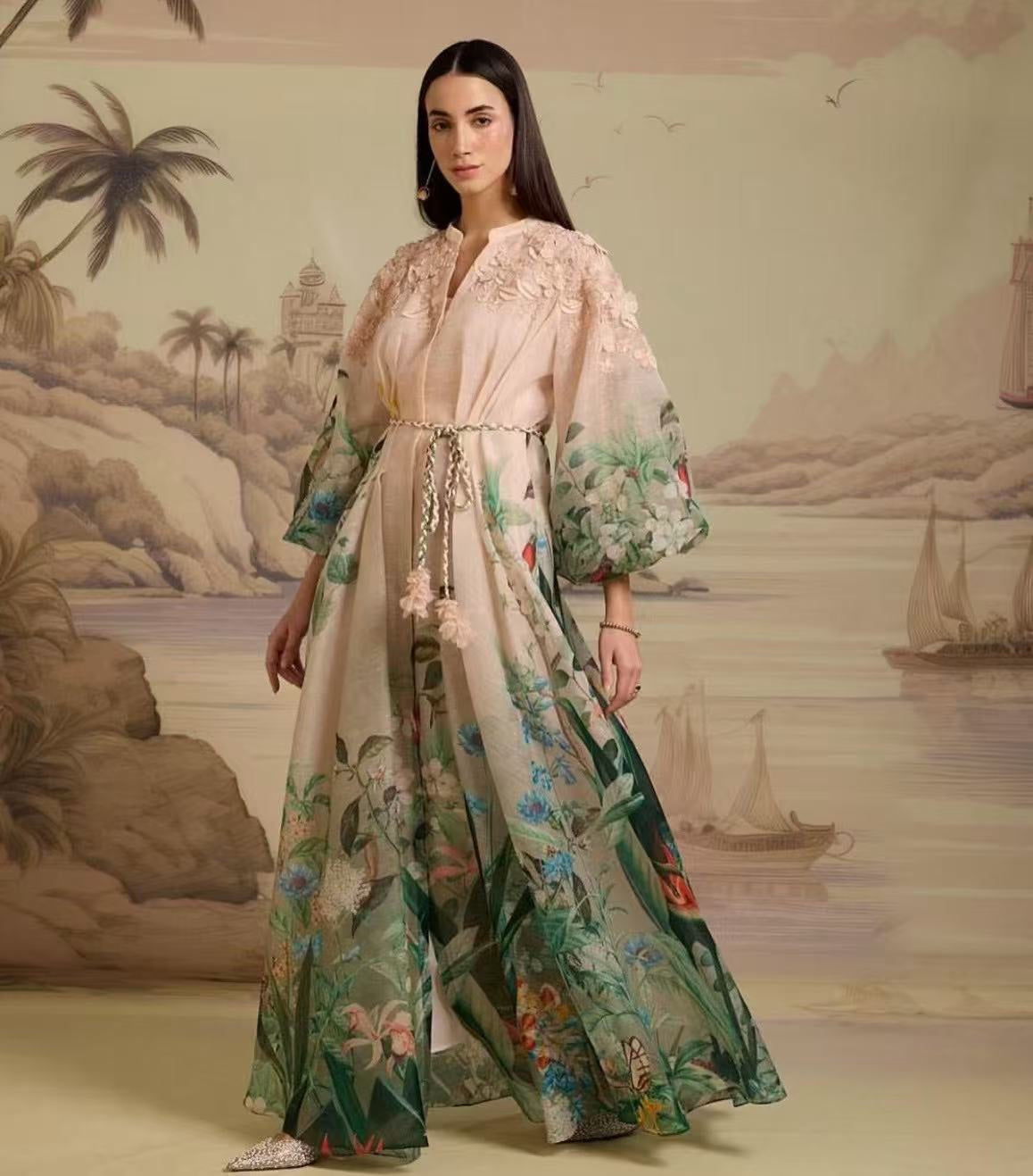 Lace-Embroidered, Color-Blocked Floral Dress — Elegant Printed, Waist-Cinching Dress