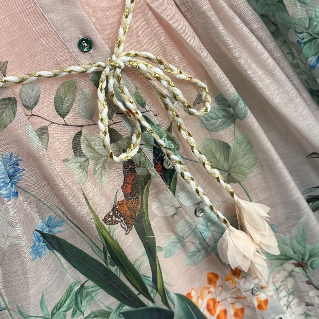 Lace-Embroidered, Color-Blocked Floral Dress — Elegant Printed, Waist-Cinching Dress