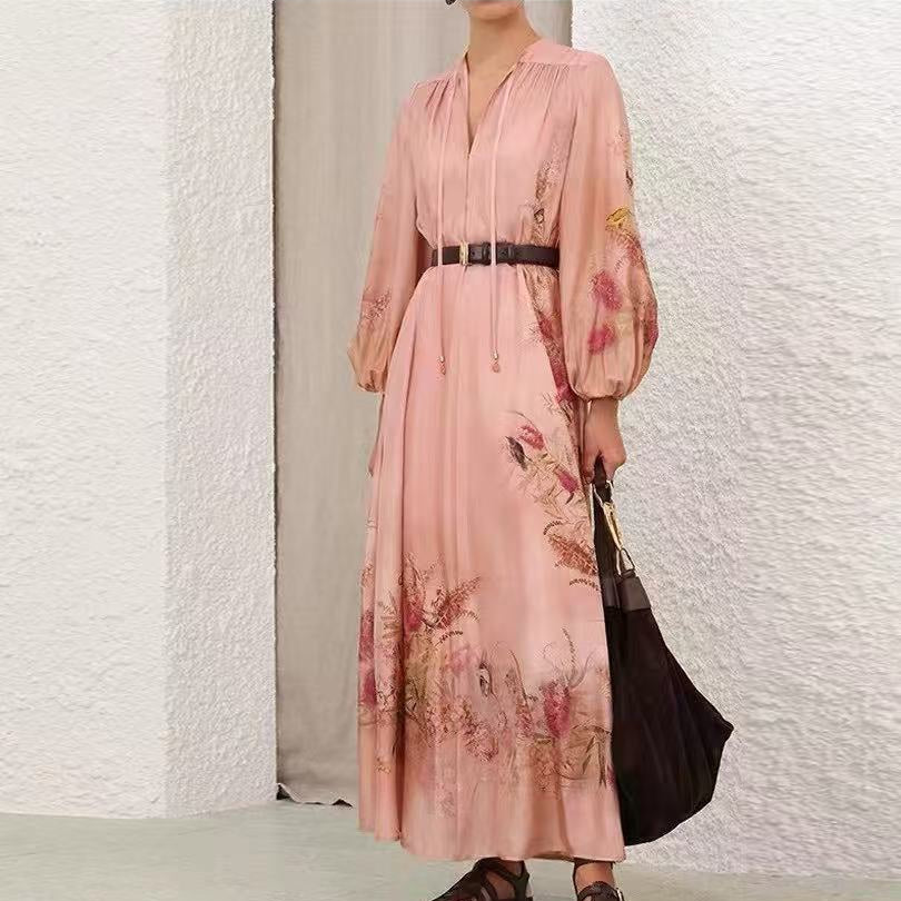Elegant Floral-Print Waist-Cinching Dress