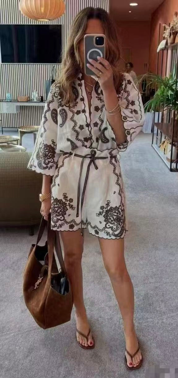 Water-Soluble Floral Embroidery Shirt + High-Waisted Shorts