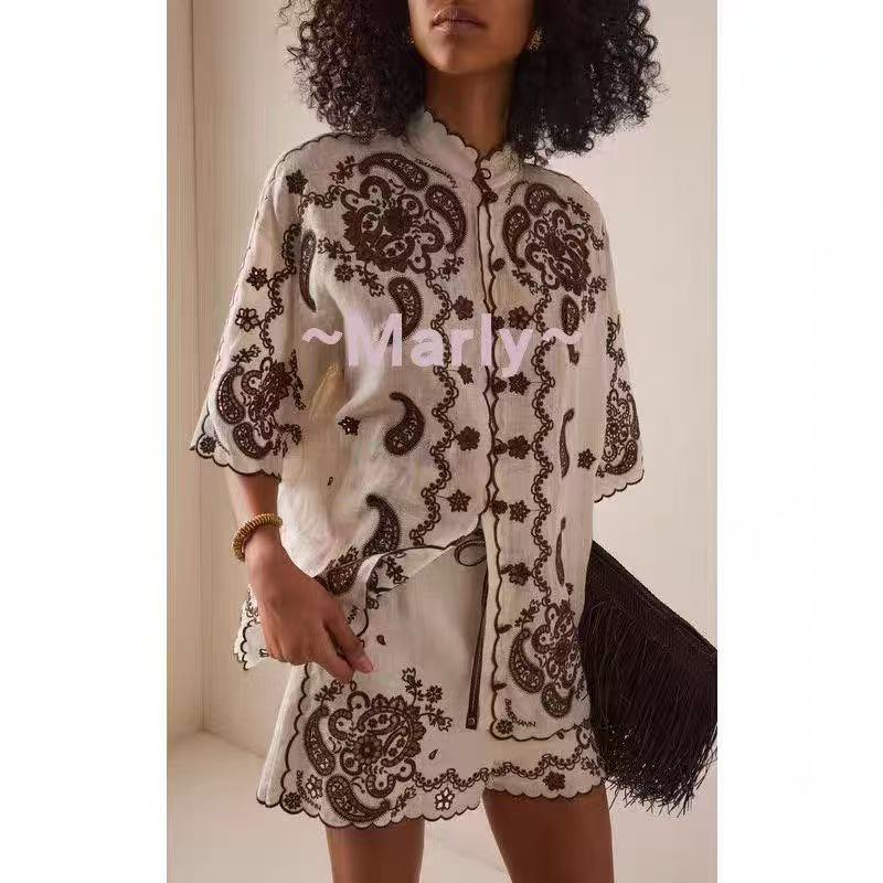 Water-Soluble Floral Embroidery Shirt + High-Waisted Shorts