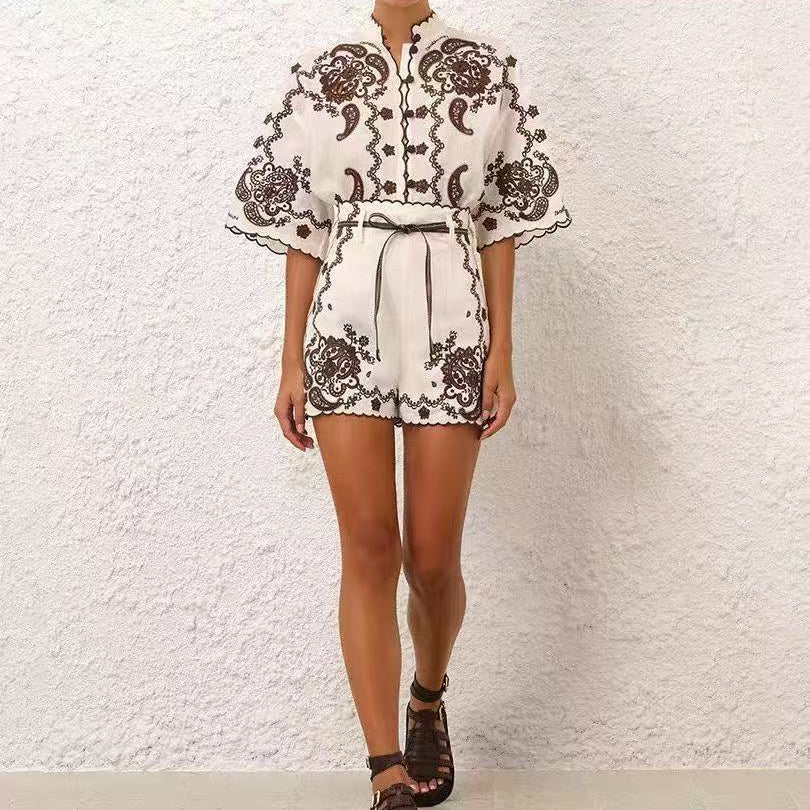 Water-Soluble Floral Embroidery Shirt + High-Waisted Shorts
