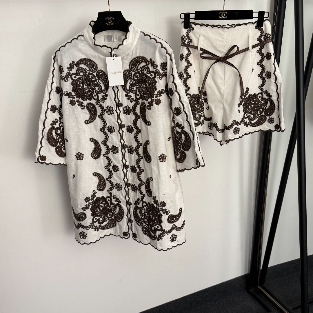 Water-Soluble Floral Embroidery Shirt + High-Waisted Shorts