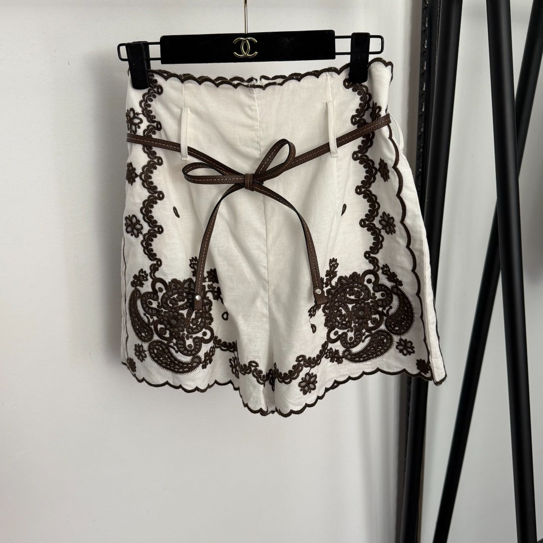 Water-Soluble Floral Embroidery Shirt + High-Waisted Shorts