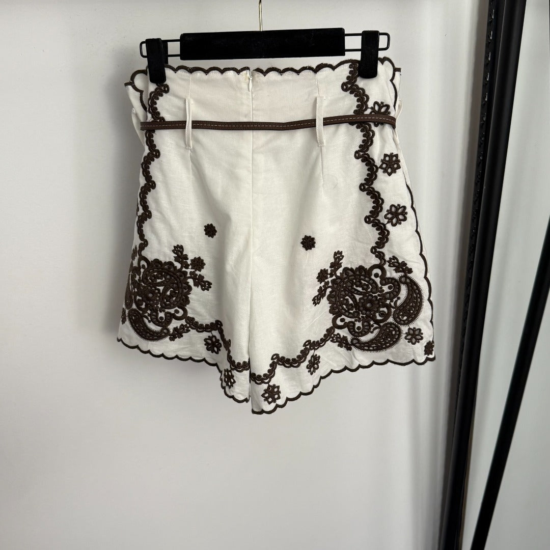 Water-Soluble Floral Embroidery Shirt + High-Waisted Shorts