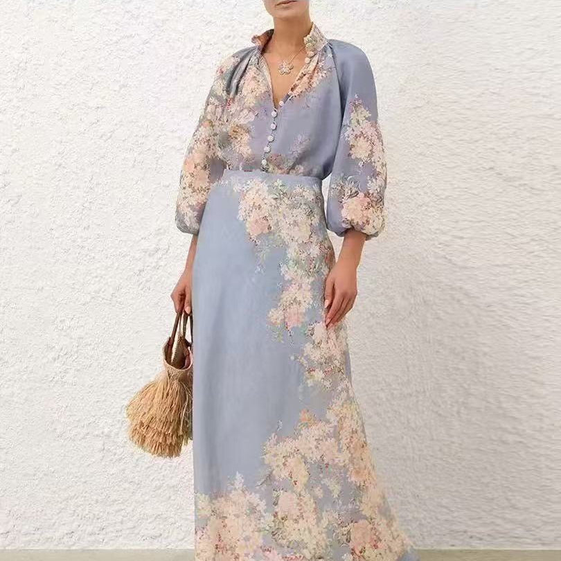 Stand-Collar Long-Sleeve Shirt + Elastic-Waist Skirt