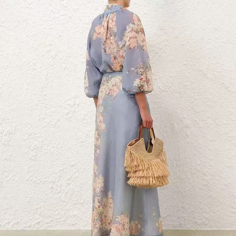 Stand-Collar Long-Sleeve Shirt + Elastic-Waist Skirt