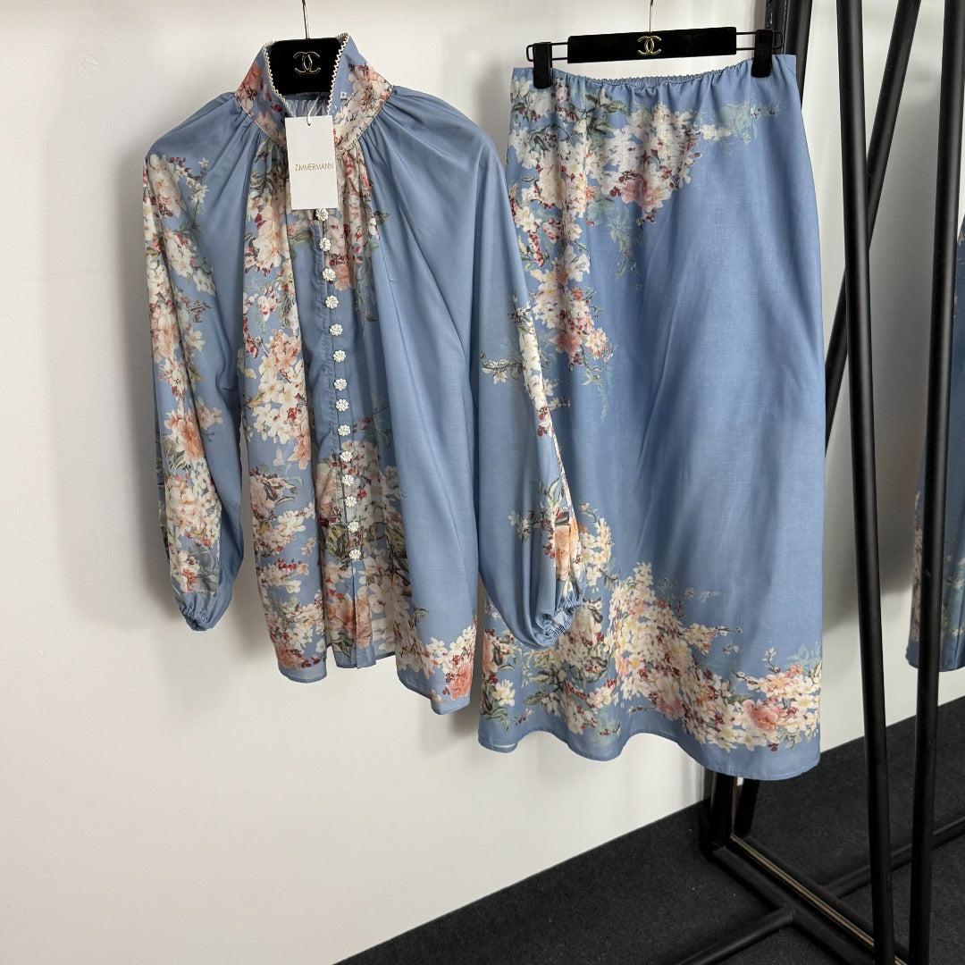 Stand-Collar Long-Sleeve Shirt + Elastic-Waist Skirt