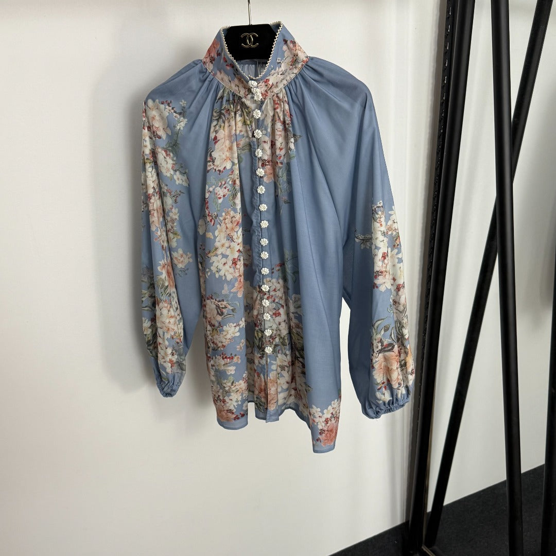 Stand-Collar Long-Sleeve Shirt + Elastic-Waist Skirt