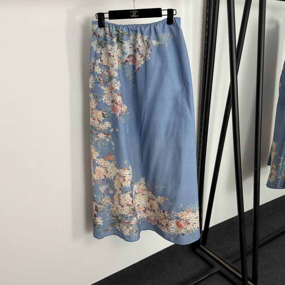 Stand-Collar Long-Sleeve Shirt + Elastic-Waist Skirt
