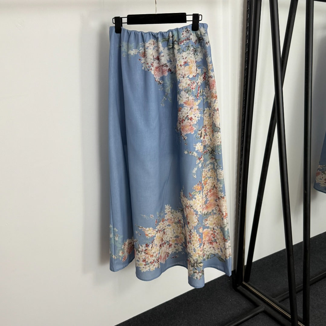 Stand-Collar Long-Sleeve Shirt + Elastic-Waist Skirt