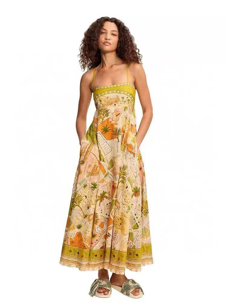 Color-block Printed Spaghetti-Strap Dress