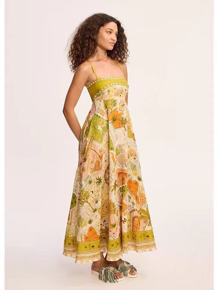 Color-block Printed Spaghetti-Strap Dress