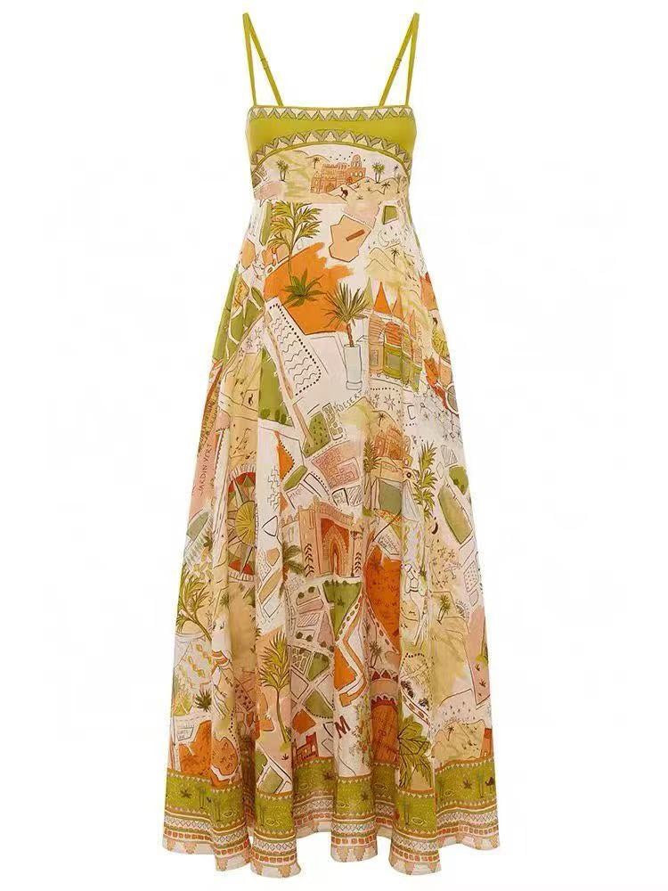 Color-block Printed Spaghetti-Strap Dress