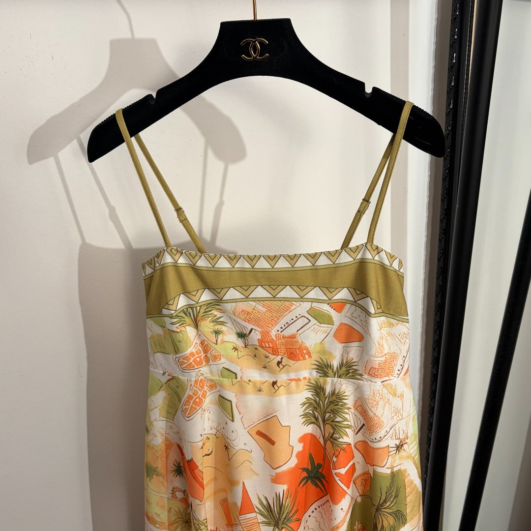Color-block Printed Spaghetti-Strap Dress