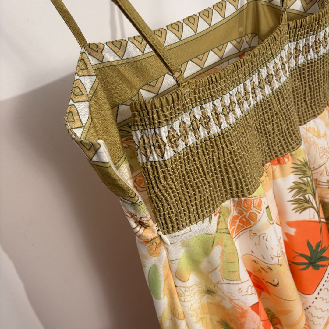 Color-block Printed Spaghetti-Strap Dress