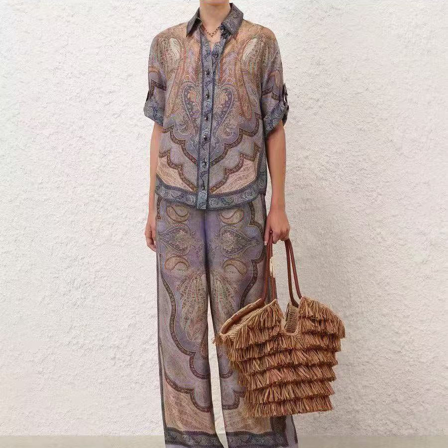 Elegant Retro-Print Long-Sleeve Shirt + High-Waisted Wide-Leg Trousers