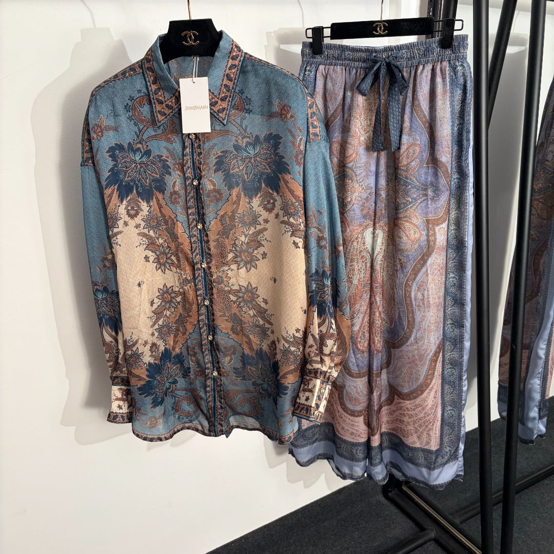 Elegant Retro-Print Long-Sleeve Shirt + High-Waisted Wide-Leg Trousers