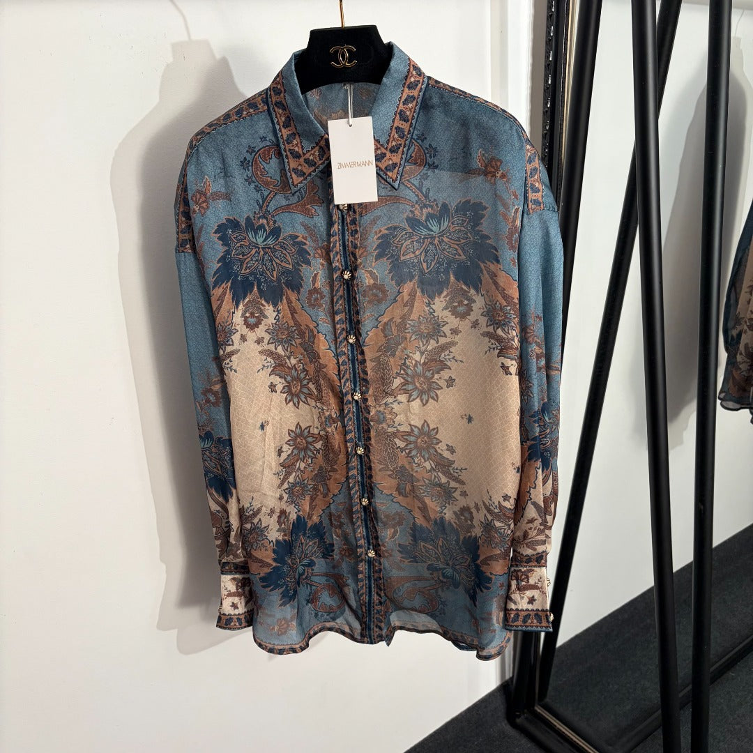 Elegant Retro-Print Long-Sleeve Shirt + High-Waisted Wide-Leg Trousers