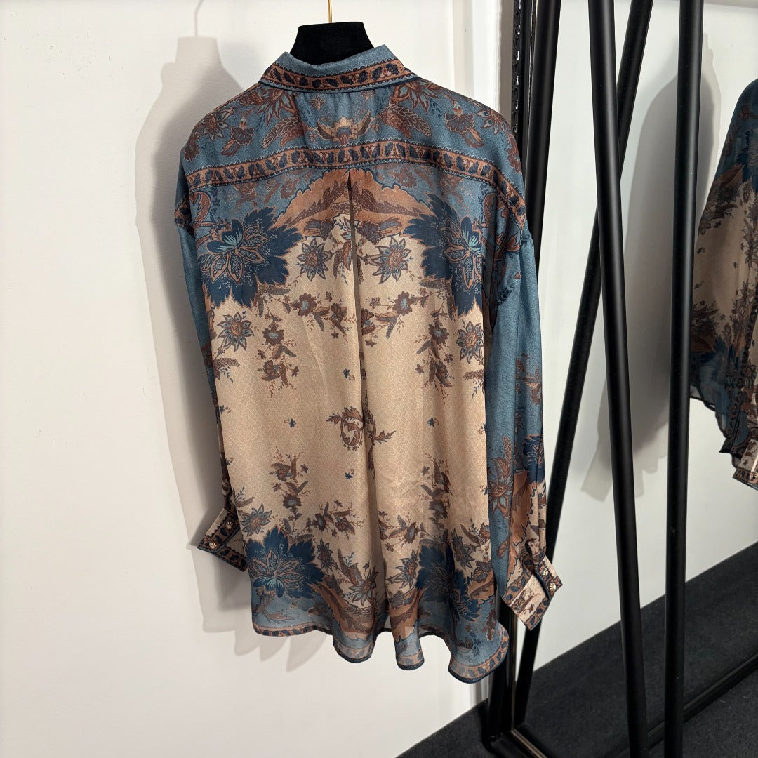 Elegant Retro-Print Long-Sleeve Shirt + High-Waisted Wide-Leg Trousers