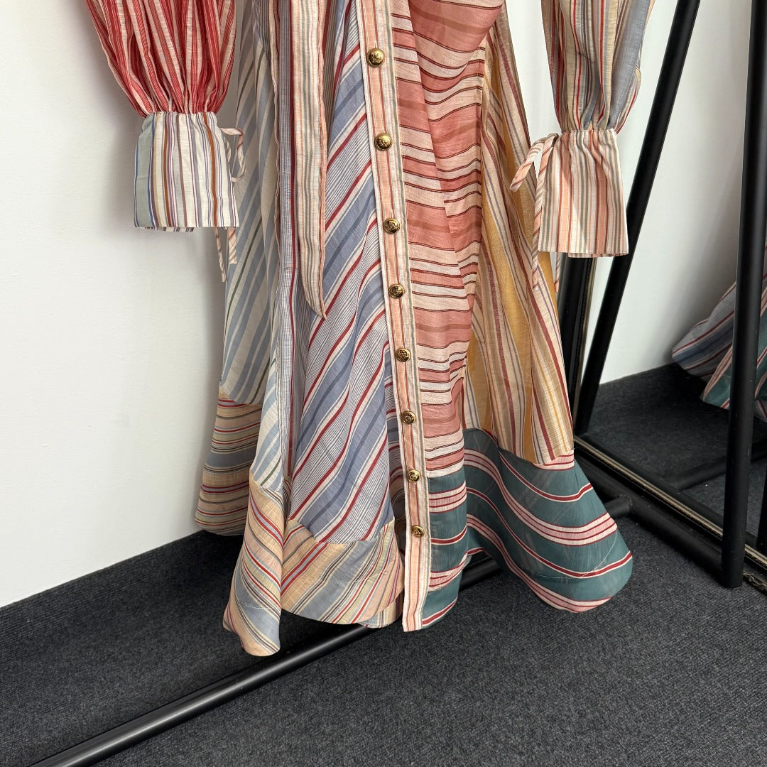 Color-Block Striped Waist-Tie Dress / Maxi Dress