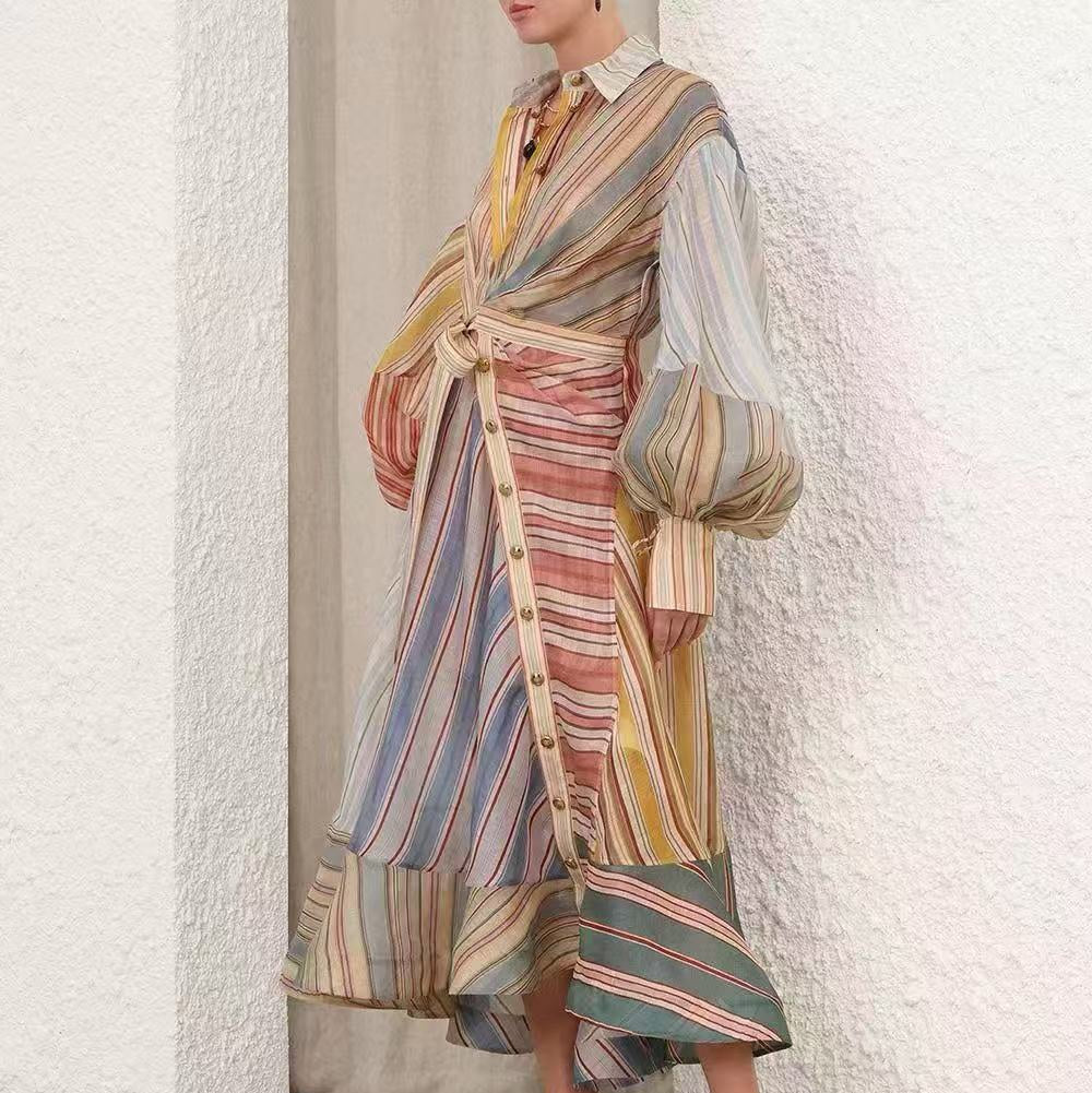 Color-Block Striped Waist-Tie Dress / Maxi Dress